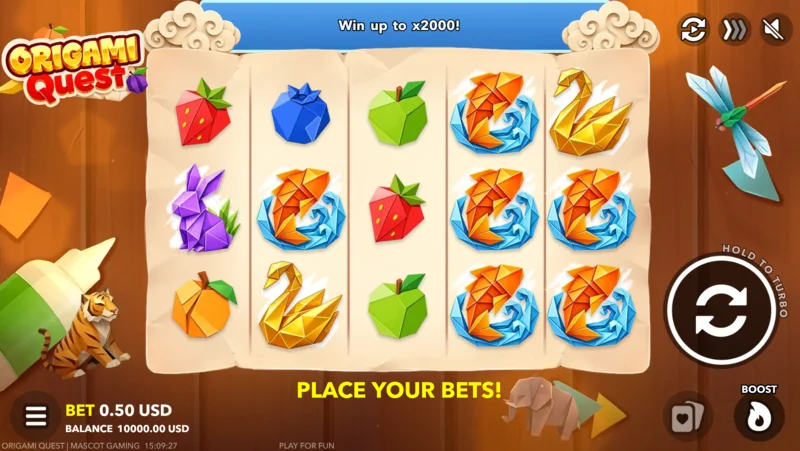 Origami Quest – mänguekraan panustepaneeli ja Boost nupuga